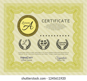 Yellow Certificate of achievement template. Detailed. With guilloche pattern. Lovely design. 