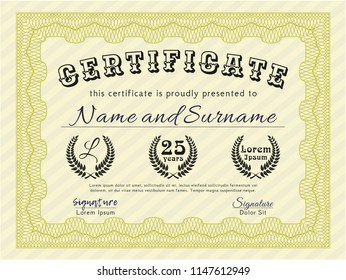 Yellow Certificate of achievement template. Easy to print. Lovely design. Detailed. 
