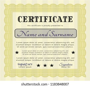 Yellow Certificate of achievement template. Easy to print. Money design. Detailed. 
