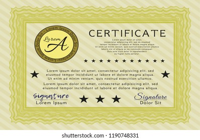 Yellow Certificate of achievement template. Easy to print. Modern design. Vector illustration. 