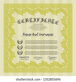 Yellow Certificate of achievement template. Easy to print. Excellent design. Detailed. 