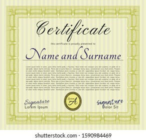 Yellow Certificate of achievement template. Elegant design. With linear background. Vector illustration. 