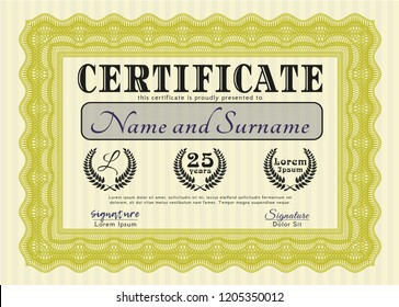 Yellow Certificate of achievement template. Good design. Easy to print. Customizable, Easy to edit and change colors. 
