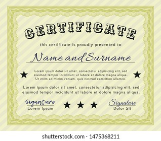 Yellow Certificate of achievement template. Good design. Vector illustration. With background. 