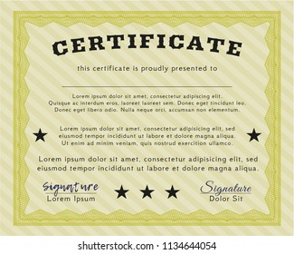 Yellow Certificate of achievement template. With guilloche pattern. Lovely design. Detailed. 