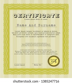 Yellow Certificate of achievement template. With guilloche pattern and background. Customizable, Easy to edit and change colors. Artistry design. 