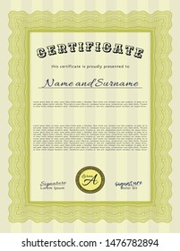 Yellow Certificate of achievement template. With guilloche pattern. Customizable, Easy to edit and change colors. Artistry design. 