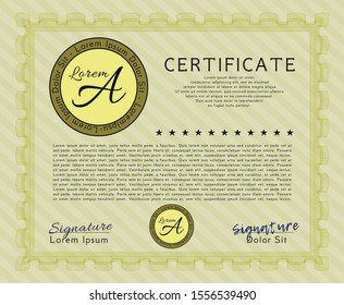 Yellow Certificate of achievement template. With guilloche pattern and background. Vector illustration. Artistry design. 