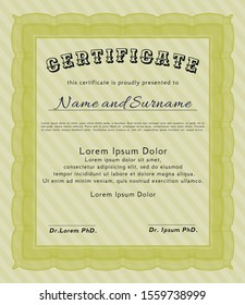 Yellow Certificate of achievement template. With guilloche pattern. Good design. Detailed. 