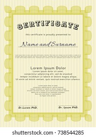 Yellow Certificate of achievement template. With guilloche pattern and background. Customizable, Easy to edit and change colors. Nice design. 