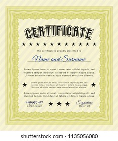 Yellow Certificate of achievement template. With linear background. Beauty design. Detailed. 
