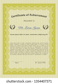 Yellow Certificate of achievement template. With linear background. Detailed. Retro design. 