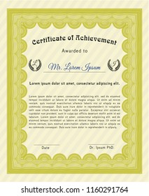 Yellow Certificate of achievement template. Lovely design. Vector illustration. Complex background. 