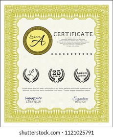 Yellow Certificate of achievement template. Modern design. Printer friendly. Vector illustration. 