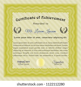 Yellow Certificate of achievement template. Money Pattern design. Vector illustration. With complex linear background. 