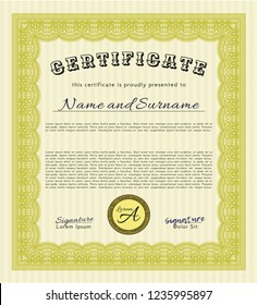 Yellow Certificate of achievement template. Money design. Complex background. Customizable, Easy to edit and change colors. 