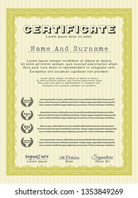 Yellow Certificate of achievement template. Money Pattern design. Detailed. With background. 