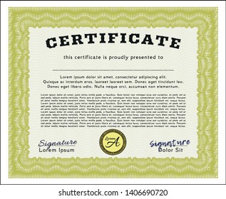 Yellow Certificate of achievement template. Money Pattern design. With linear background. Detailed. 