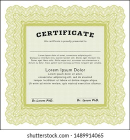 Yellow Certificate of achievement template. Money style design. Detailed. With guilloche pattern and background. 