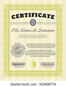 Yellow Certificate of achievement template. Nice design. With guilloche pattern and background. Detailed. 