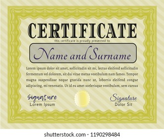 Yellow Certificate of achievement template. Perfect design. Vector illustration. With great quality guilloche pattern. 