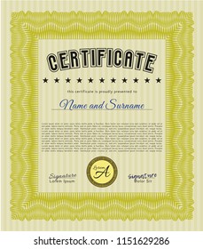Yellow Certificate of achievement template. Printer friendly. Beauty design. Detailed. 