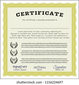 Yellow Certificate of achievement template. Printer friendly. Vector illustration. Superior design. 