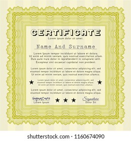 Yellow Certificate of achievement template. Printer friendly. Money design. Detailed. 