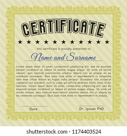 Yellow Certificate of achievement template. Printer friendly. Elegant design. Vector illustration. 
