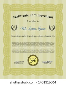 Yellow Certificate of achievement template. Printer friendly. Customizable, Easy to edit and change colors. Retro design. 