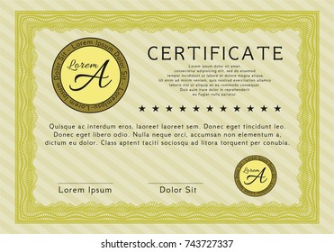 Yellow Certificate of achievement template. With quality background. Customizable, Easy to edit and change colors. Nice design. 