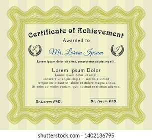 Yellow Certificate of achievement template. Superior design. With complex background. Detailed. 