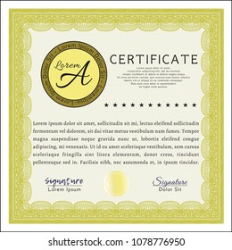  Yellow Certificate of achievement template. Vector illustration. With great quality guilloche pattern. Money design. 