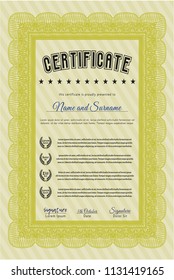 Yellow Certificate of achievement template. Vector illustration. Complex background. Money Pattern design. 