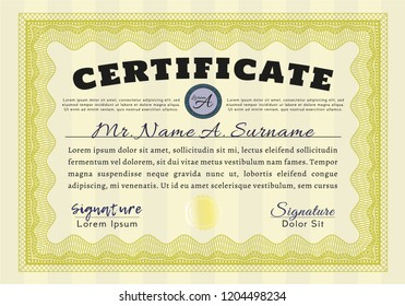 Yellow Certificate of achievement template. Vector illustration. Printer friendly. Retro design. 