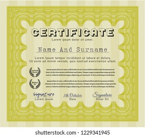 Yellow Certificate of achievement template. Vector illustration. With guilloche pattern. Elegant design. 