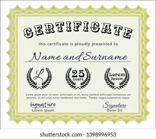 Yellow Certificate of achievement template. Vector illustration. Complex background. Modern design. 