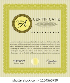 Yellow Certificate of achievement. Vector illustration. With complex linear background. Excellent design. 