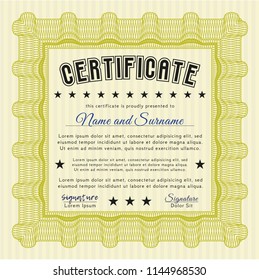Yellow Certificate of achievement. Vector illustration. Printer friendly. Cordial design. 