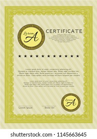 Yellow Certificate of achievement. Vector illustration. With guilloche pattern. Retro design. 