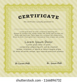 Yellow Certificate of achievement. Vector illustration. With complex linear background. Lovely design. 