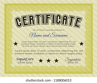 Yellow Certificate of achievement. Vector illustration. Printer friendly. Superior design. 