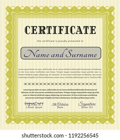 Yellow Certificate of achievement. Vector illustration. With great quality guilloche pattern. Money Pattern design. 