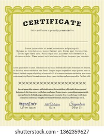 Yellow Certificate of achievement. Vector illustration. With great quality guilloche pattern. Lovely design. 
