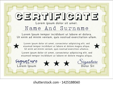 Yellow Certificate of achievement. Vector illustration. With complex linear background. Artistry design. 