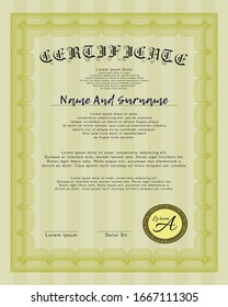Yellow Certificate of achievement. Vector illustration. With great quality guilloche pattern. Retro design. 
