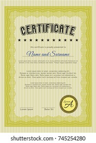 Yellow Certificate of achievement. Vector illustration. With guilloche pattern. Superior design. 