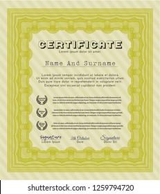 Yellow Certificate. Artistry design. Vector illustration. With guilloche pattern. 