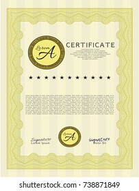 Yellow Certificate. Artistry design. Vector illustration. With complex linear background. 