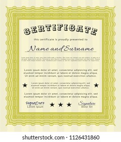 Yellow Certificate. With complex background. Cordial design. Vector illustration. 